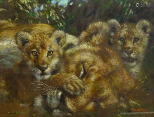 Joel Kirk (British 1948-): Lion Cubs, pastel signed 48cm x 63cm