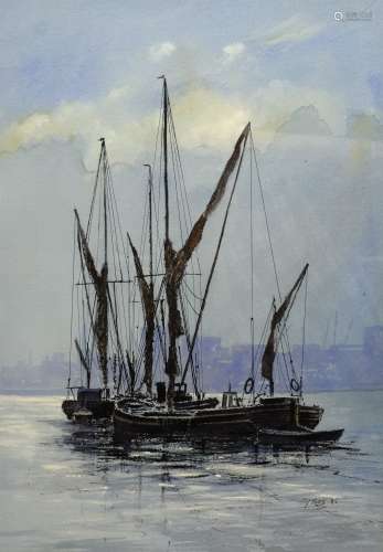 Desmond 'Des' G Sythes (British 1929-2008): 'Spritsail Barges on Blackwall Reach, London River', wat