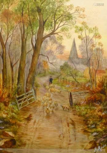 M Moore (British early 20th century): Herding Sheep, watercolour signed 50cm x 35cm