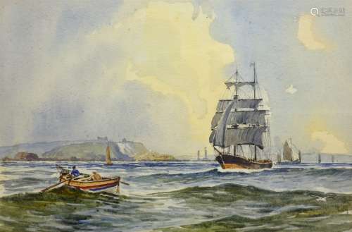 Edward H Simpson (British 1901-1989): Shipping off Scarborough Harbour, watercolour unsigned 20cm x