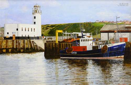 Tom S Hoy (British 20th century): Trawler Moored in Scarborough Harbour, acrylic on board signed 43c