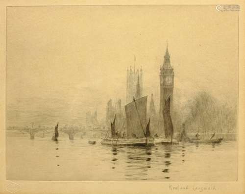 Rowland Langmaid (British 1897-1956): 'Barges on the Thames before Westminster', etching signed in p