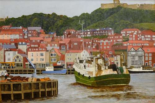 Tom S Hoy (British 20th century): Scarborough Harbour Looking Towards the Castle, acrylic on board s