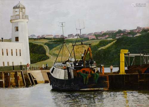 Tom S Hoy (British 20th century): Trawler Moored by Scarborough Lighthouse, acrylic on board signed