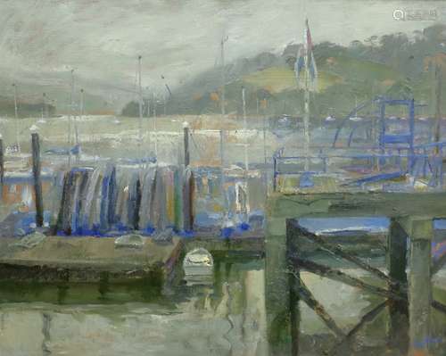 Martin Dutton (British Contemporary): 'Overcast Day Noss Dart Marina' Dartmouth, oil on canvas signe