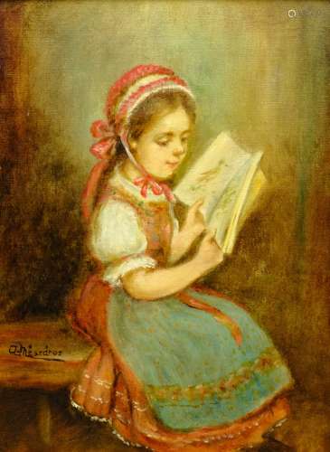 A M�sz�ros (Hungarian 20th century): Portrait of a Girl Reading, oil on board signed 30cm x 22cm