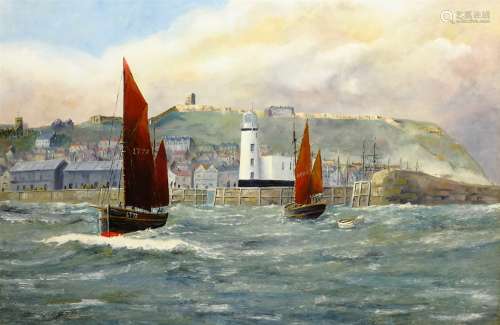 Robert Sheader (British 20th century): Herring Boats Leaving Scarborough, oil on board signed 59cm x