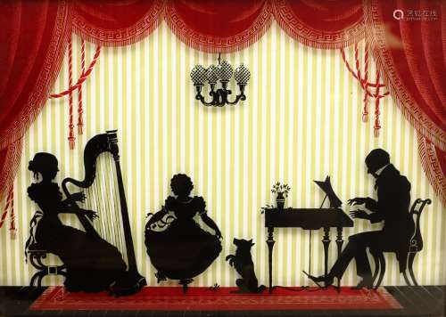 The Dance Recital, Regency style reverse silhouette painting on glass unsigned 24cm x 33cm