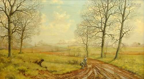 Trevor Parkin (British 1935-): Huntsmen and their Dog, oil on canvas signed 50cm x 90cm