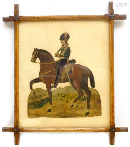 English Primitive School (19th century): Portrait of Horse and Rider, cut-out watercolour in crucif
