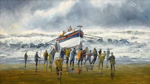 Robert Sheader (British 20th century): Hauling the Lifeboat, oil on board signed 23cm x 40cm