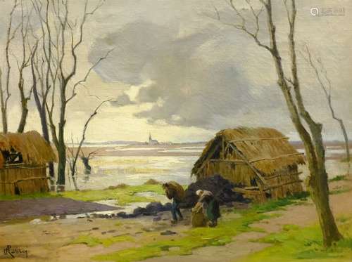 P Roblin (20th century): Figures by a Barn, oil on canvas signed 44cm x 59cm