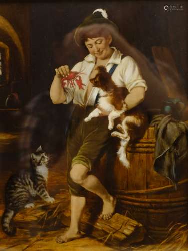 English School (19th century): Young Boy with Dog and Lobster, oil on glass indistinctly signed und