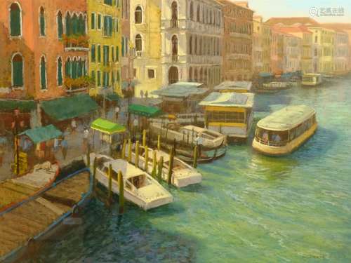 David Allen (British 1945-): 'Grand Canal from the Rialto Bridge', pastel signed, titled and dated 2