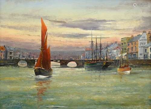 Robert Sheader (British 20th century): Sunset in Whitby Harbour, oil on board signed 29cm x 39cm