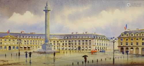 Kenneth W Burton (British 1946-): 'La Place Vendôme', watercolour signed and titled, certificate ve
