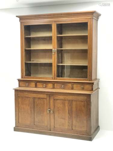 Edwardian oak glazed bookcase on cupboard fitted with drawers and collectors slides enclosed by two