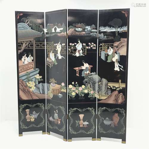 Chinese black lacquered four panel screen with engraved decoration, H183cm, W43cm per panel