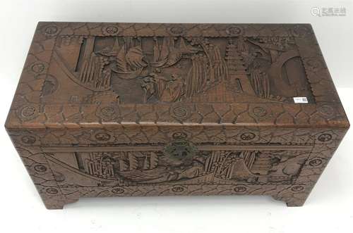 Eastern carved camphor wood blanket box depicting harbour scene, W95cm, H49cm, D46cm