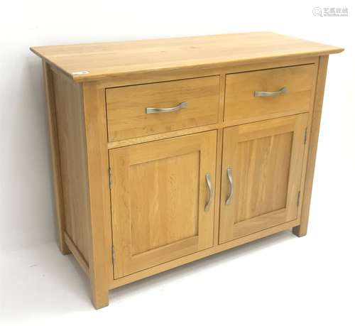 Light oak sideboard, two drawers above two cupboards, W98cm, H77cm, D43cm