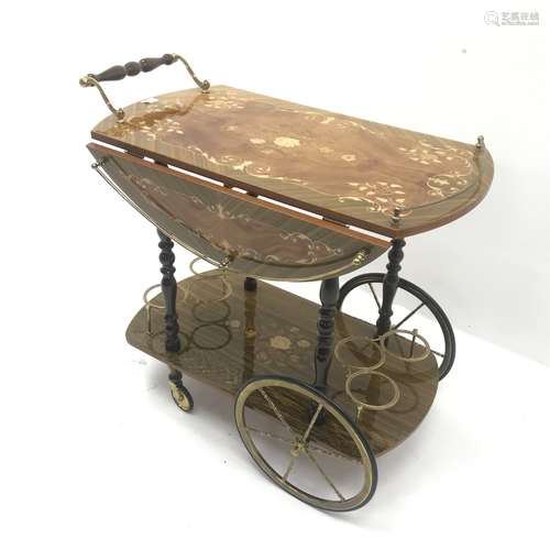 Italian walnut two tier Sorrento drop leaf cocktail trolley, brass gallery, floral maquetry, W75cm,