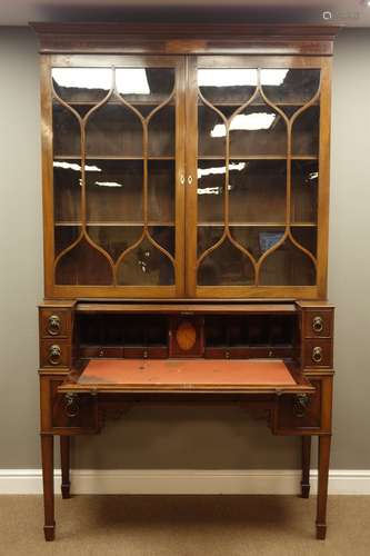 19th century mahogany secretaire bookcase, projecting cornice with figured and satinwood inlaid frie