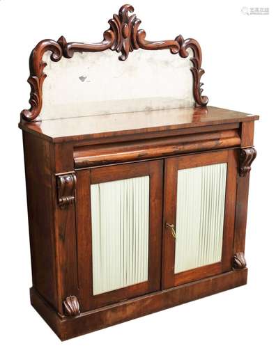 19th century rosewood Chiffonier raised mirror back, single frieze drawer above two doors with pleat