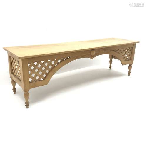 Large ash bench, shaped woven trellis frieze, turned supports, W196cm, H60cm, D56cm