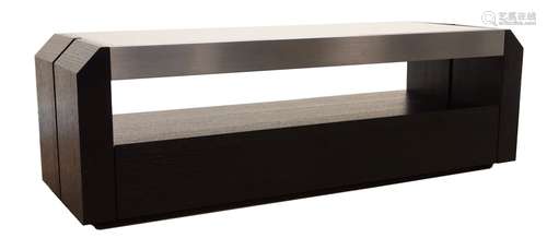 Black stained oak console entertainment unit, canted corners, shelf above single drawer, W130cm, H43