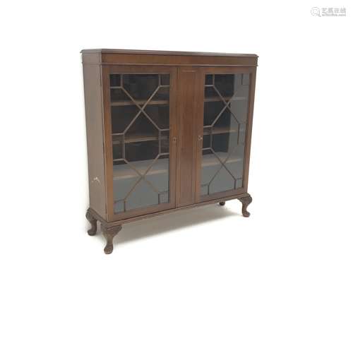 George lll style mahogany display cabinet, two doors enclosing three shelves, cabriole feet, W110cm,