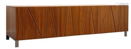 Dwell Furniture walnut low console unit, two fall front units flanking single central drawer, chrome