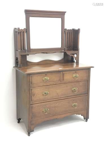 Edwardian walnut dressing chest fitted with two short and two long drawers and swing mirror, W107cm,