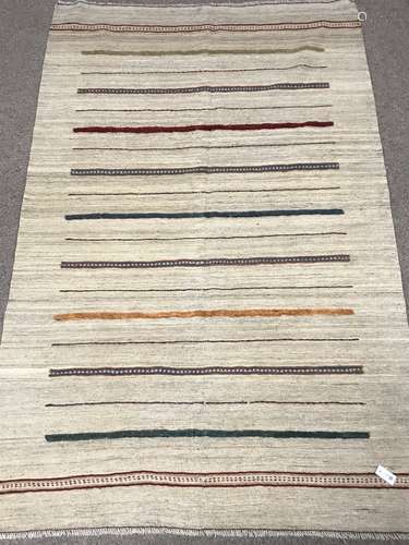 Shiraz Kilim beige ground rug, patterned stripes, 250cm x 155cm