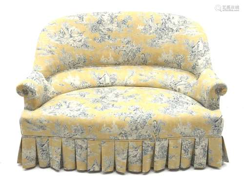 20th century French style two seat settee, serpentine seat and curved back, pleated skirt, upholster