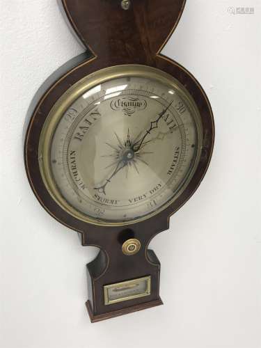 George III figured mahogany banjo barometer by 'P. Borini, Birmingham', swan neck pediment above dam