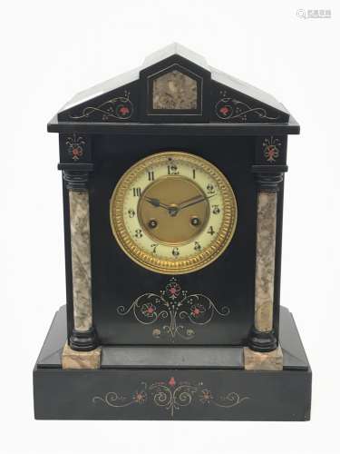 Victorian black slate mantel clock, stepped sloping pediment with marble inset, marble half column p