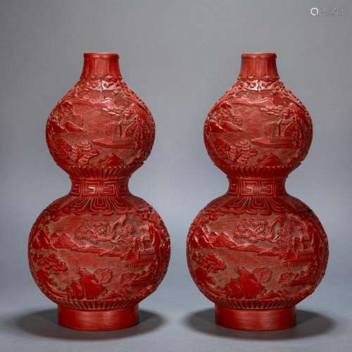 A PAIR OFANCIENT CHINESE RED LACQUERWARE GOURD BOTTLES