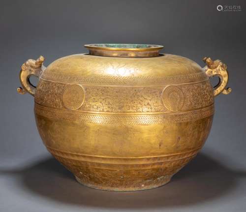 ANCIENT CHINESE GILT BRONZE POT WITH TWO HANDLES