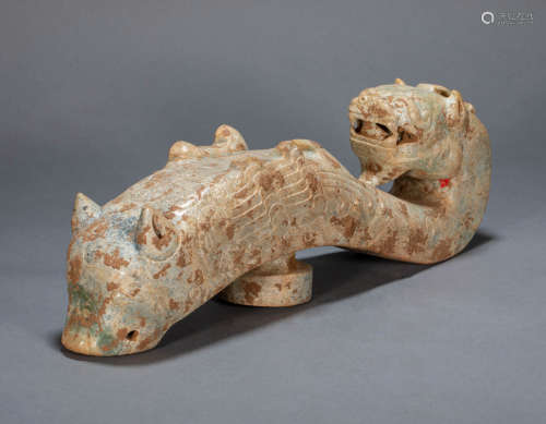 ANCIENT CHINESE HETIAN JADE BELT HOOK  WITH TIGER HEAD