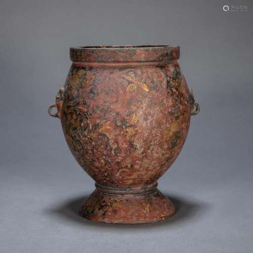 ANCIENT CHINESE BRONZE JAR INLAID GOLD WITH TWO HANDLE