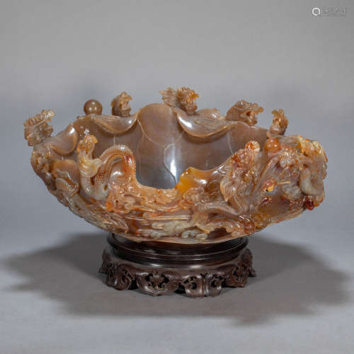 ANCIENT CHINESE AGATE BRUSH WASH, NINE DRAGON PLAYING IN WATER