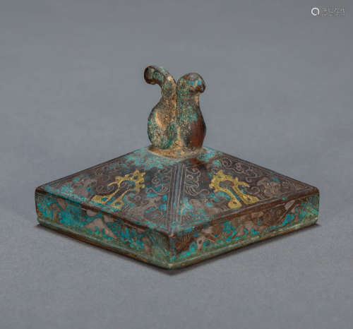 ANCIENT CHINESE BRONZE SEAL INLAID GOLD AND SILVER