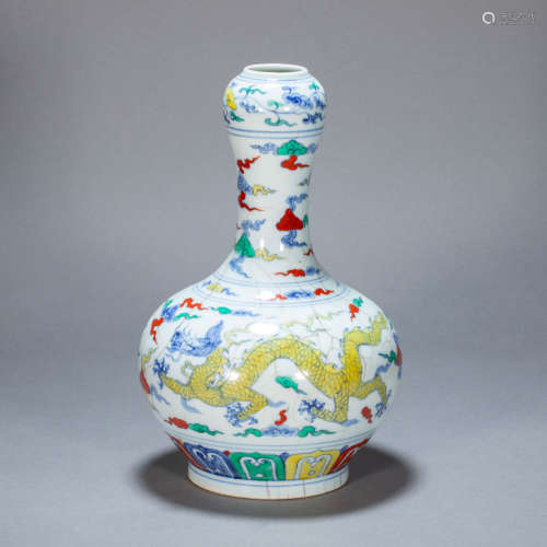 ANCIENT CHINESE FAMILLE ROSE BOTTLE GARLIC-SHAPED HEAD WITH DRAGON PATTERN