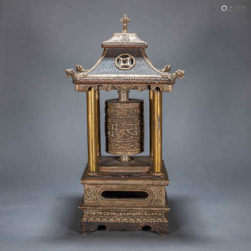 ANCIENT CHINESE GILT BRONZE INLAID COWHIDE TOWER