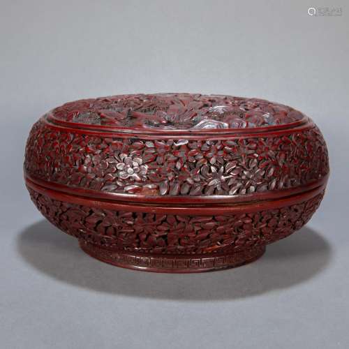 CHINESE ANCIENT CARVED LACQUERWARE BOX WITH RED LID