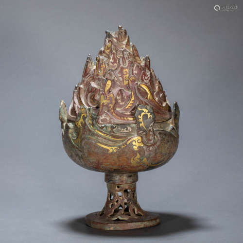 ANCIENT CHINESE BRONZE FURNACE INLAID GOLD