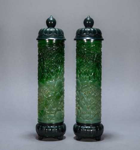 A PAIR OF ANCIENT CHINESE HETIAN GREEN JADE INCENSE TUBE