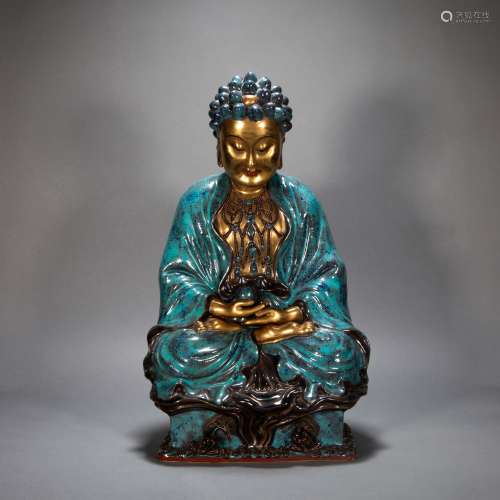 ANCIENT CHINESE BLUE GLAZED BUDDHA STATUE WITH GOLD OUTLINE