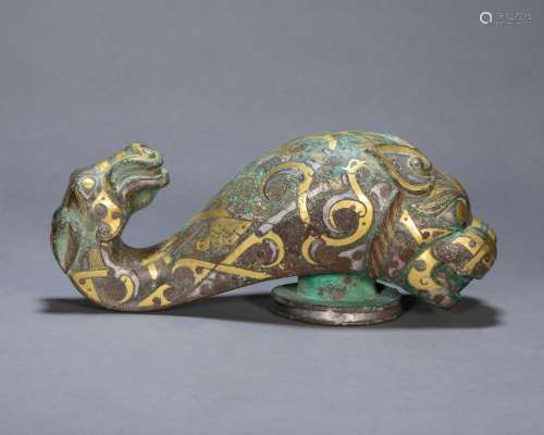 ANCIENT CHINESE BRONZE TIGER HEAD BELT HOOK INLAID GOLD