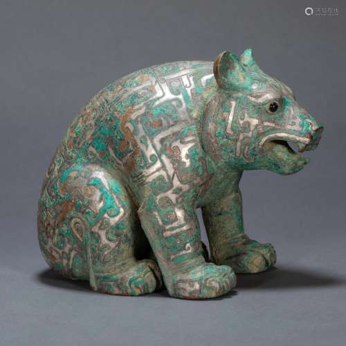 ANCIENT CHINESE BRONZE INLAID SILVER BEAR